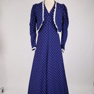 Vtg Blue Polka Dot Halter Dress w Jacket Prairie Romantic Boho Peasant Hippie